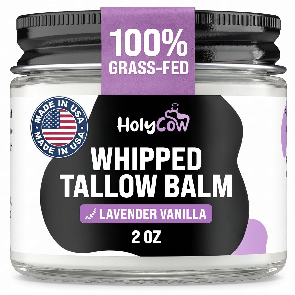 HolyCow jar front view showing lavender-vanilla label and calming scent benefit