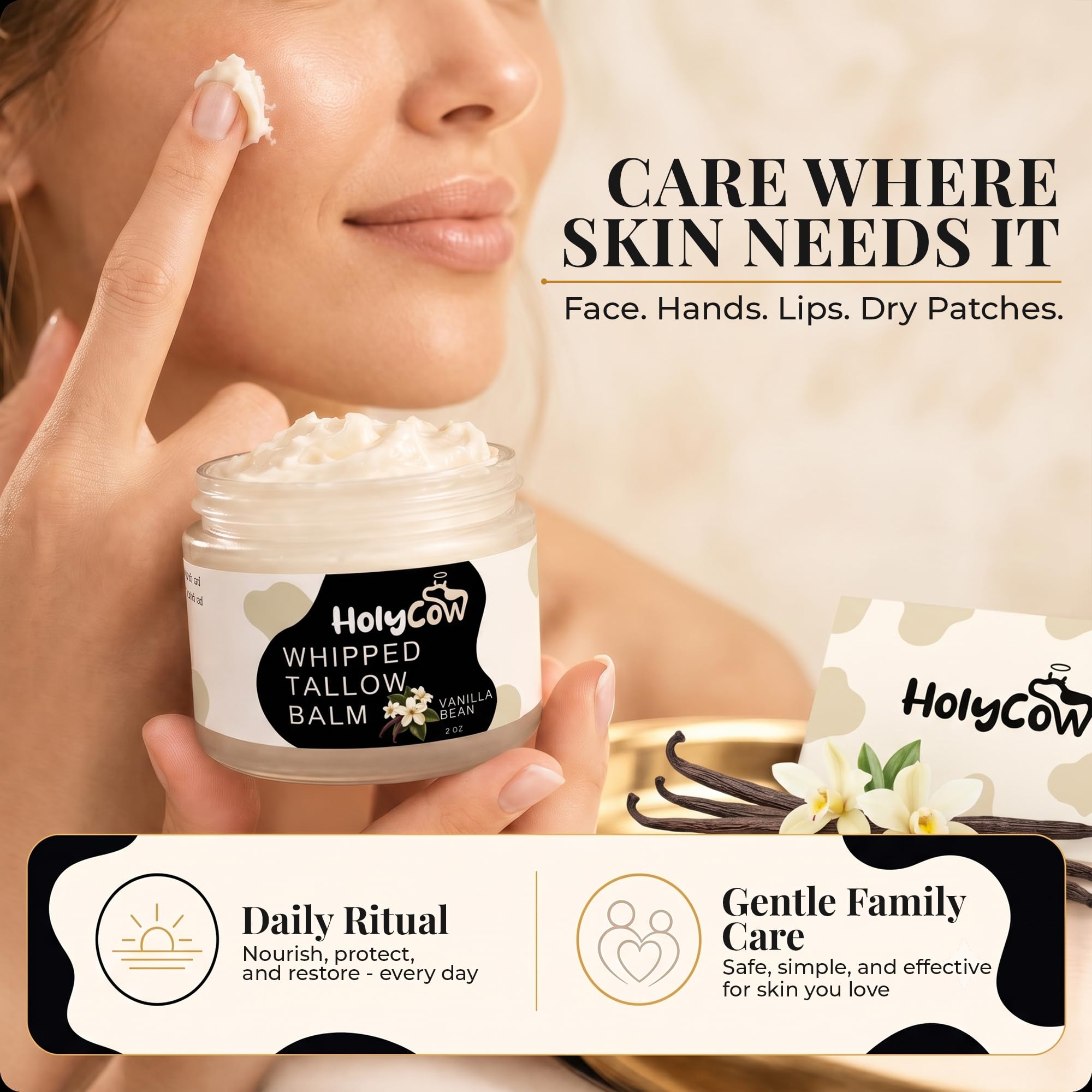 HolyCow jojoba oil and vanilla bean highlighting natural scent benefit