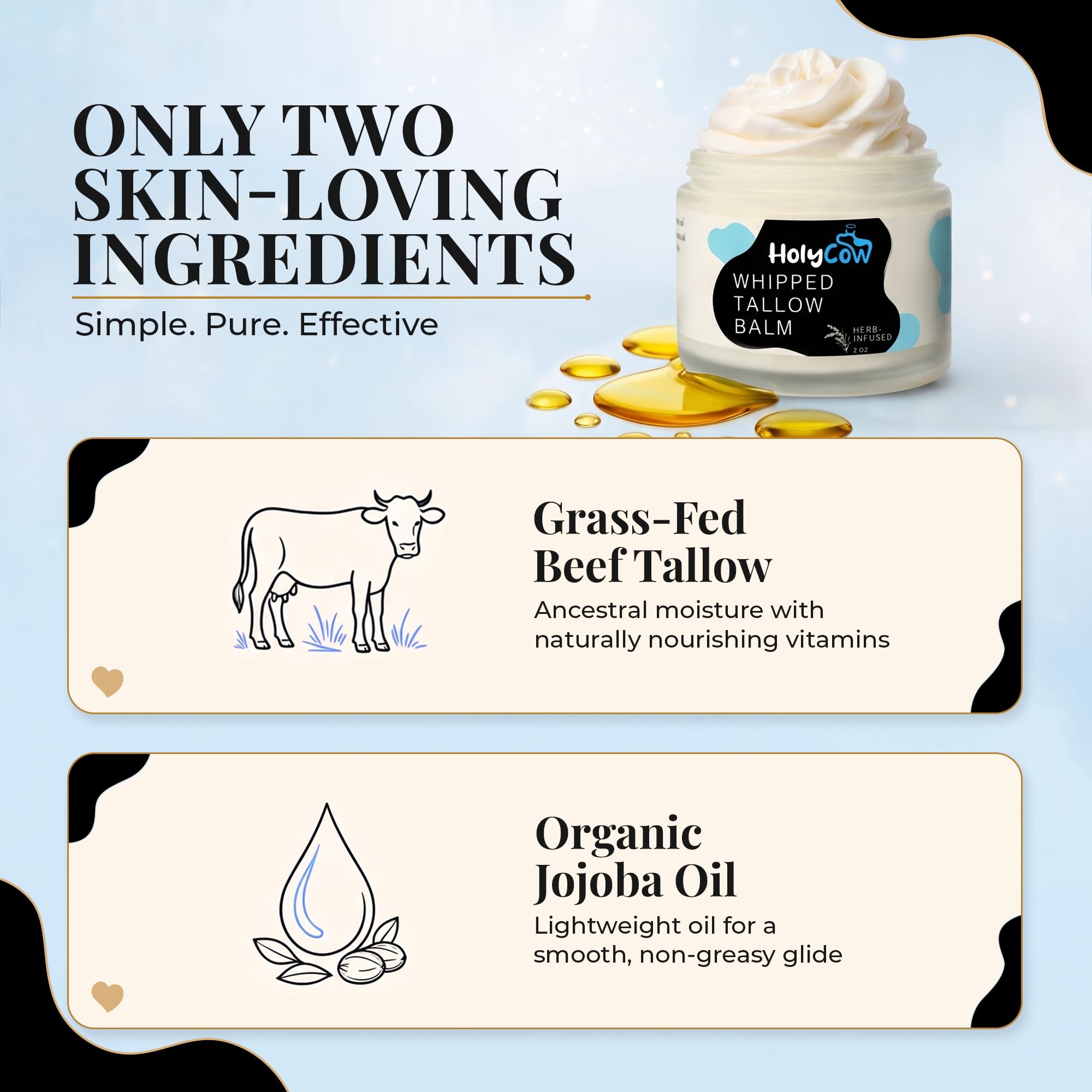 HolyCow open jar top view revealing fluffy tallow balm for deep hydration