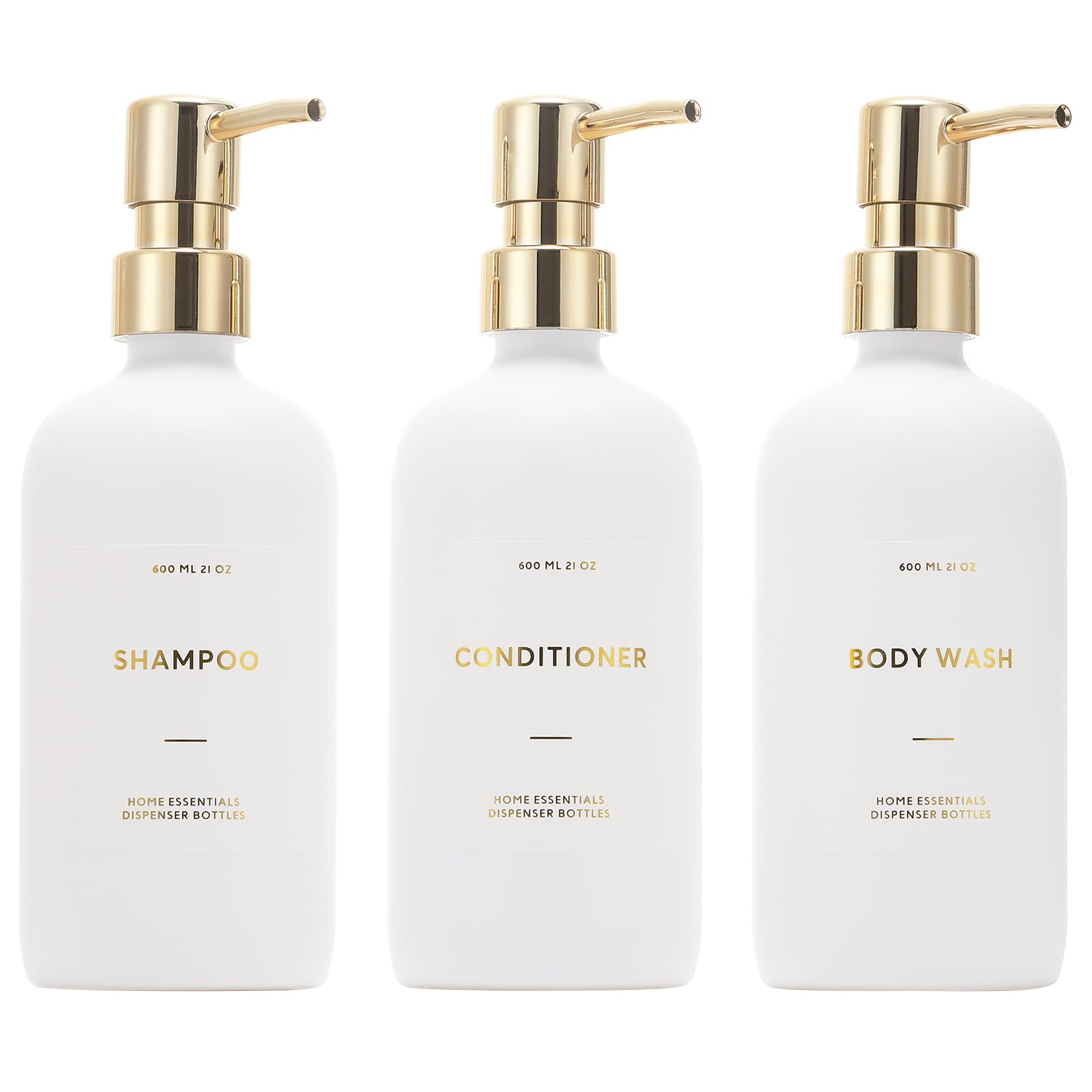 HOMCDALY front view of three white gold pump bottles for neat bathroom storage