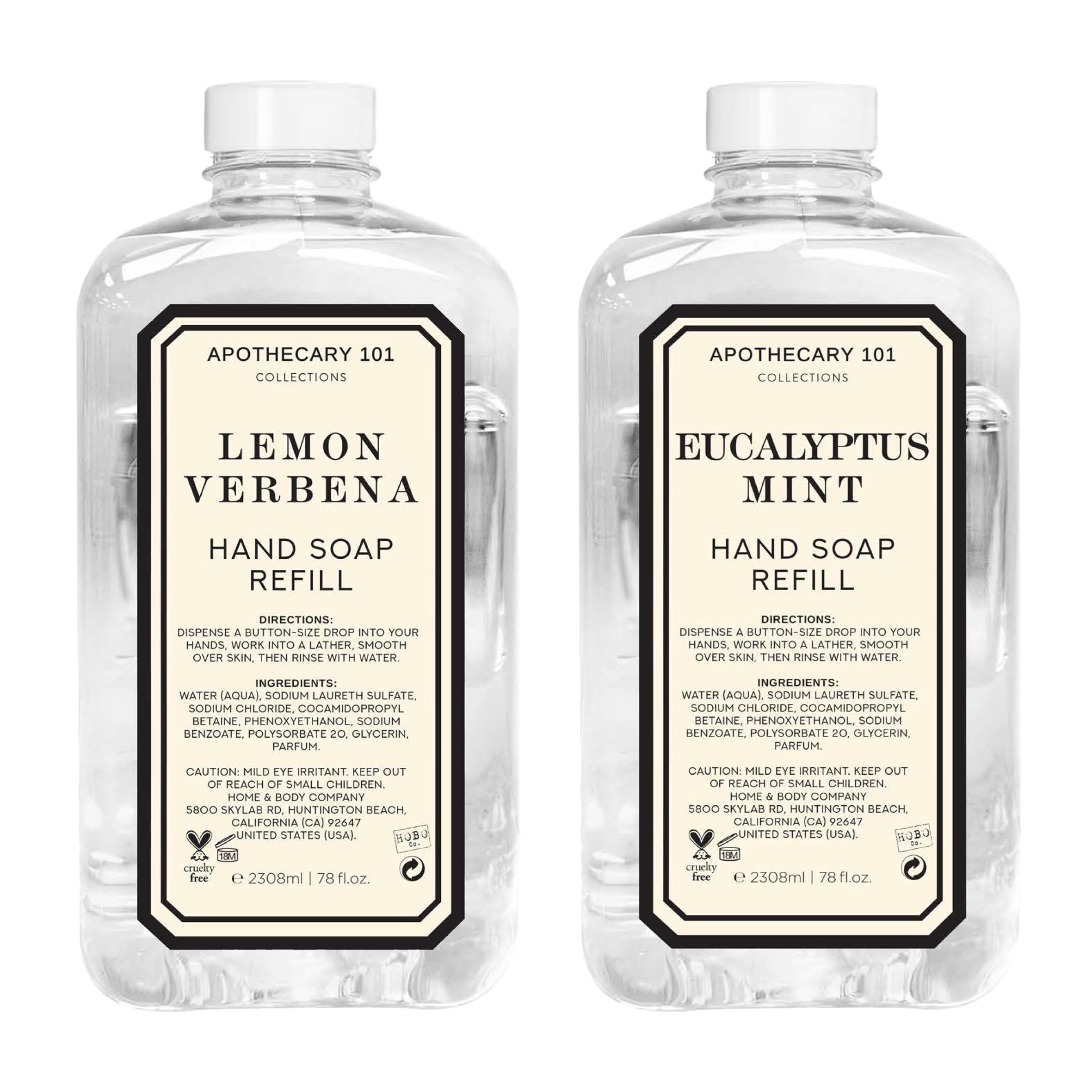 Home & Body Company front label showing Lemon Verbena and Eucalyptus Mint benefits