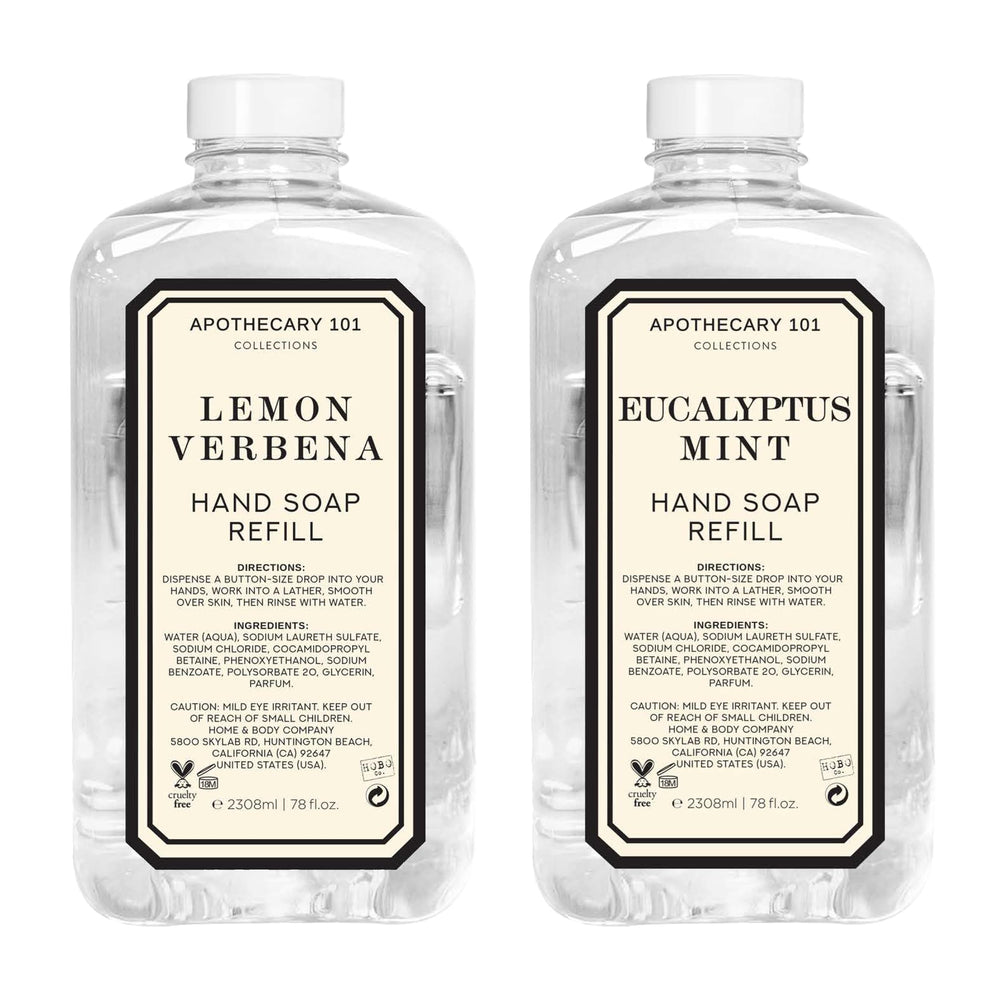 Home & Body Company front label showing Lemon Verbena and Eucalyptus Mint benefits