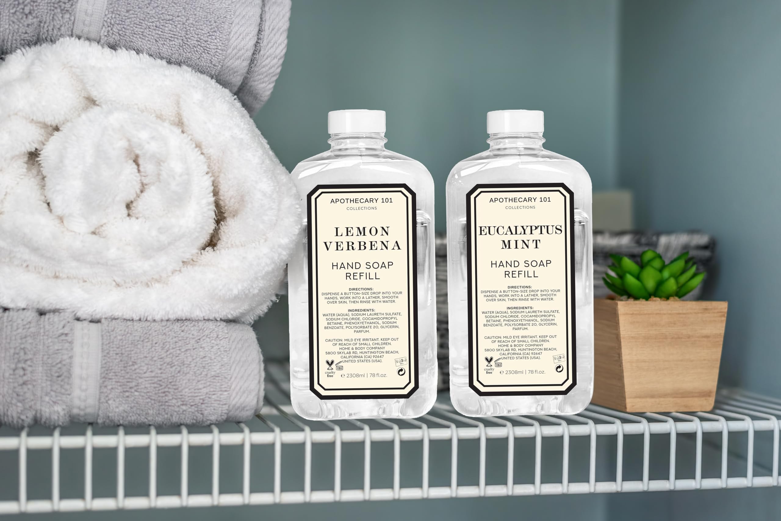 Home & Body Company two 78oz jugs next to common items illustrating long-lasting supply
