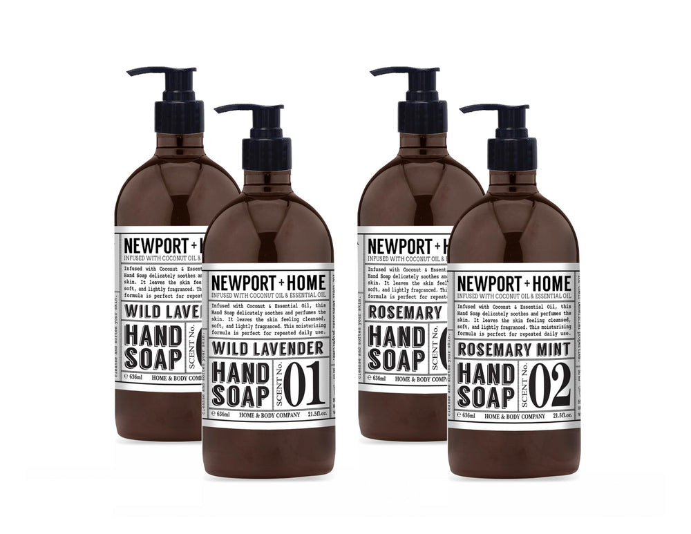 Home & Body Company Newport front packaging showing set of four bottles and clear labeling, easy selection