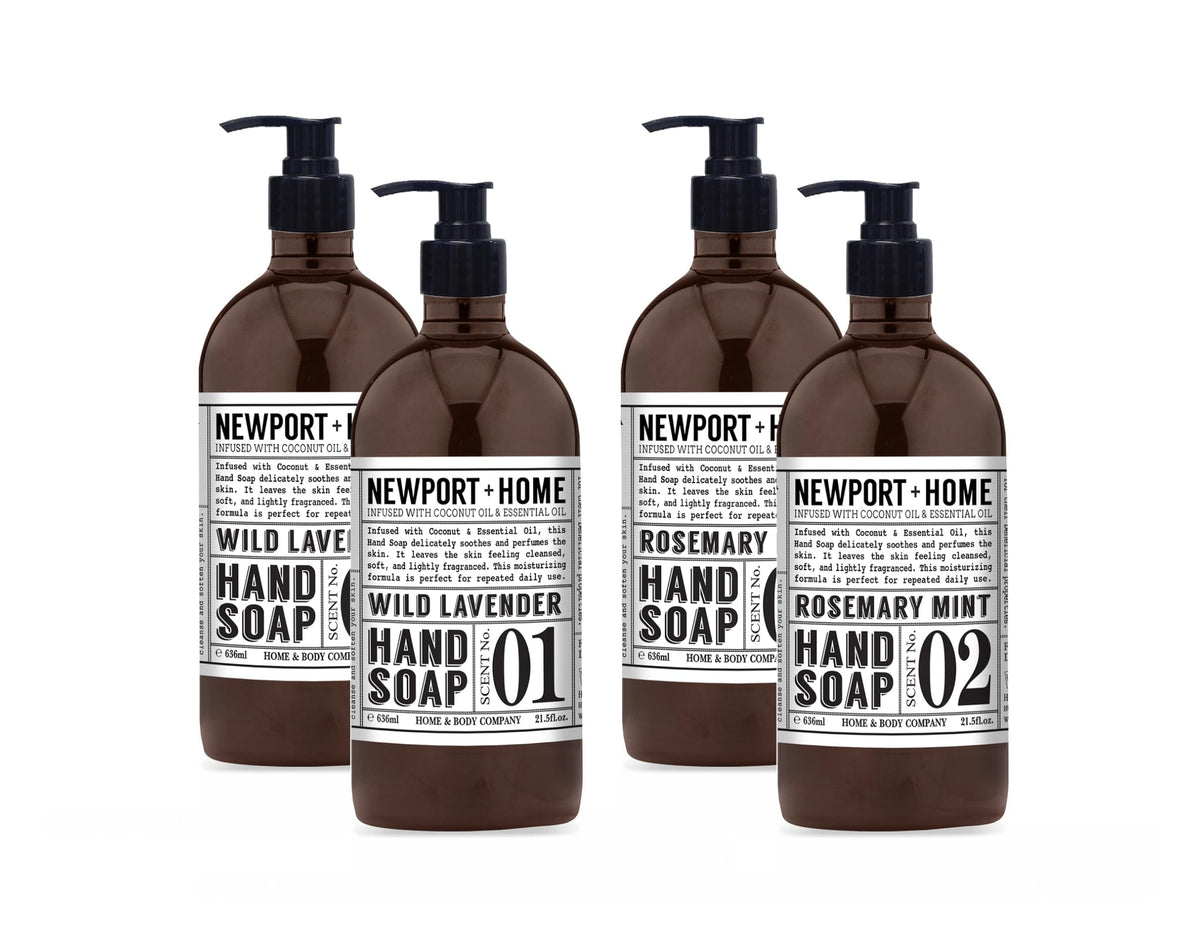 Home & Body Company Newport front packaging showing set of four bottles and clear labeling, easy selection