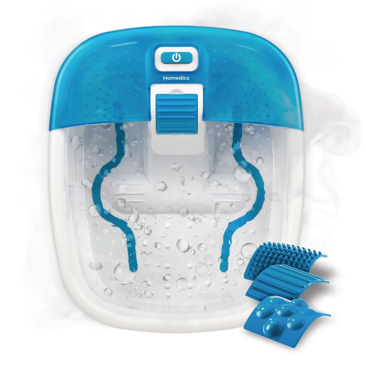 HoMedics front view of foot spa showing bubble jets and basin, promotes soothing foot care
