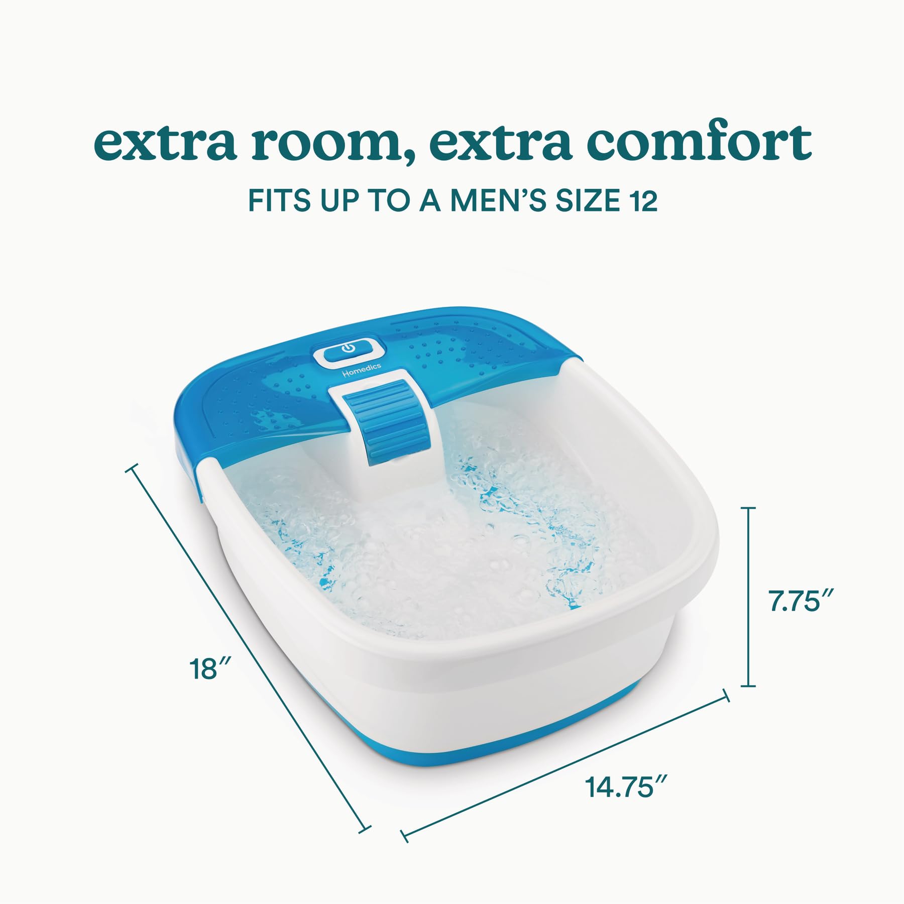 HoMedics size comparison with a shoe showing compact footprint and easy storage