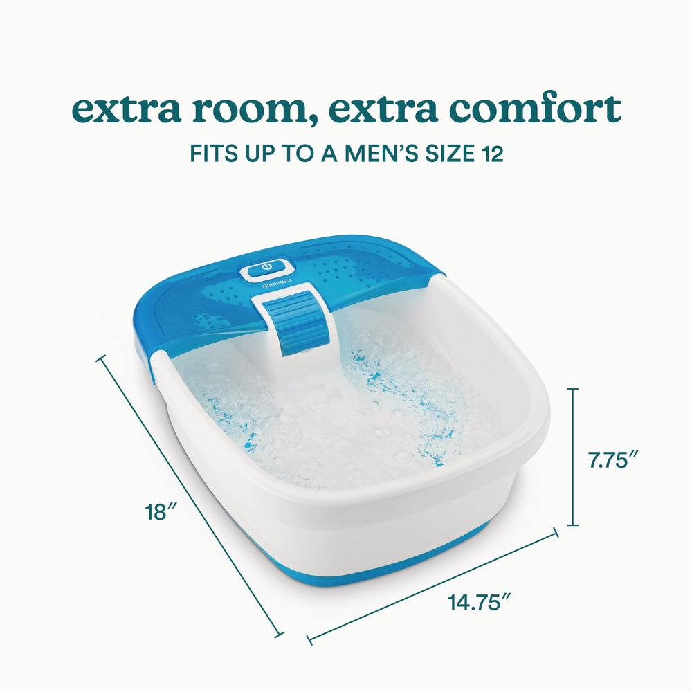 HoMedics size comparison with a shoe showing compact footprint and easy storage