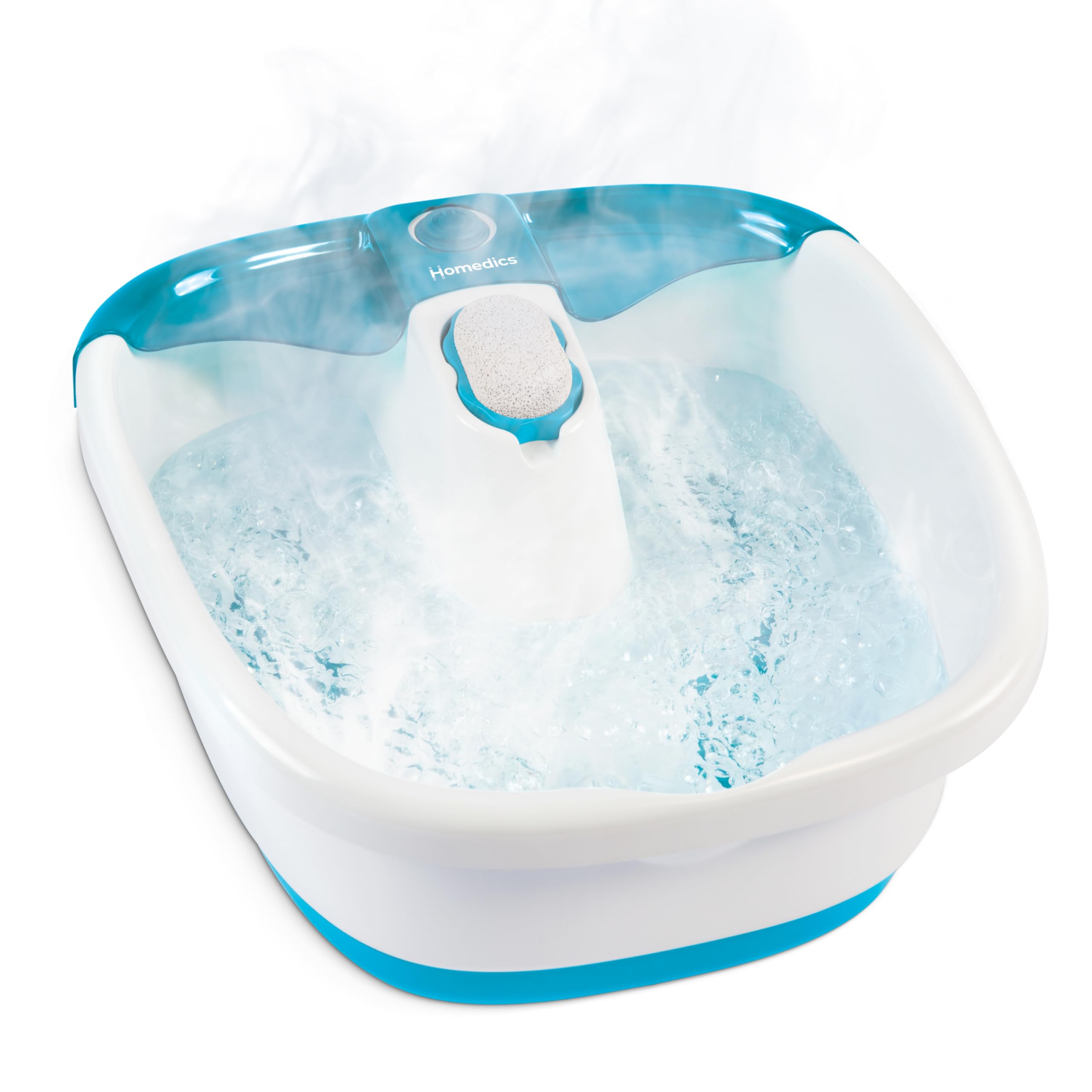HoMedics front view of Bubble Mate foot spa showing full unit and branding, clear setup benefit