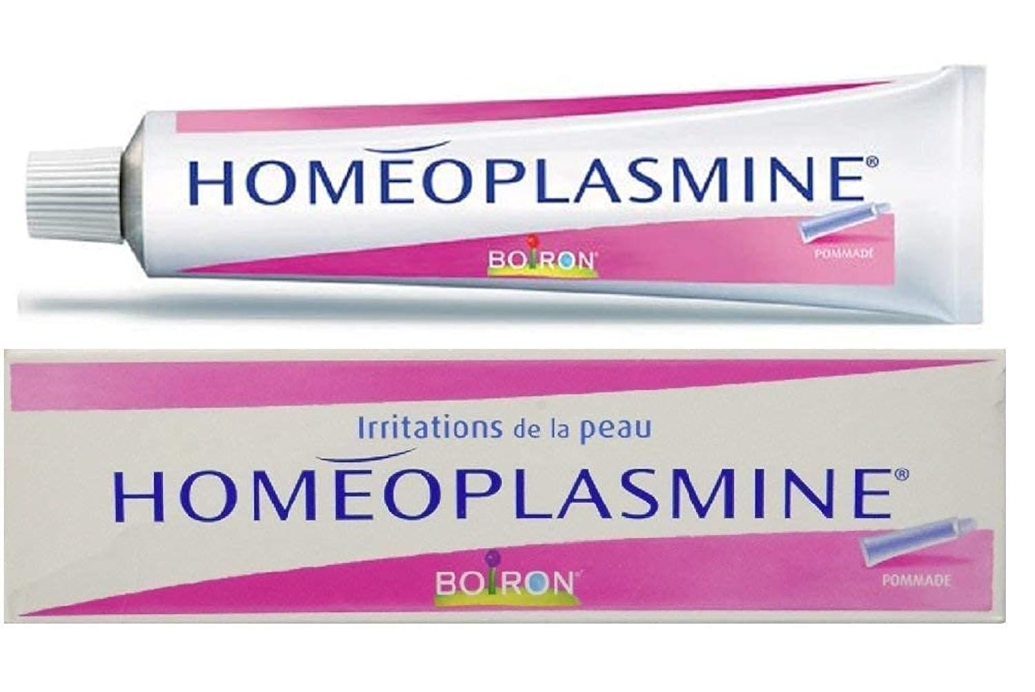 Homeoplasmine tube front view showing XL 40g label and travel-friendly packaging benefit