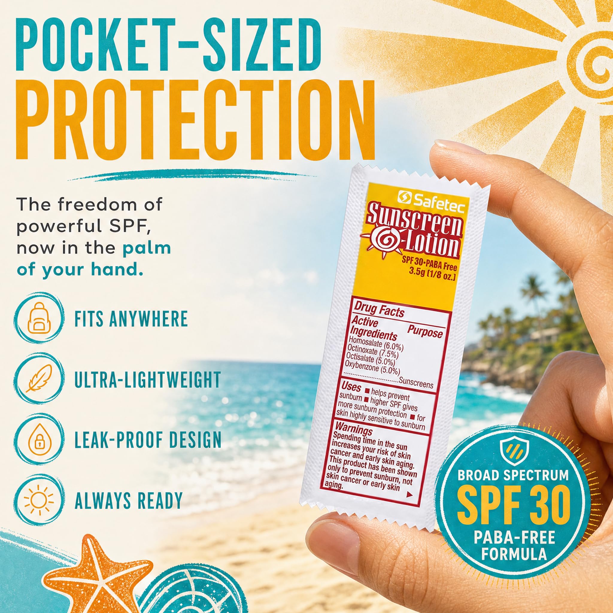 HOMESPHERE sunscreen packets being used at the beach enhancing outdoor readiness