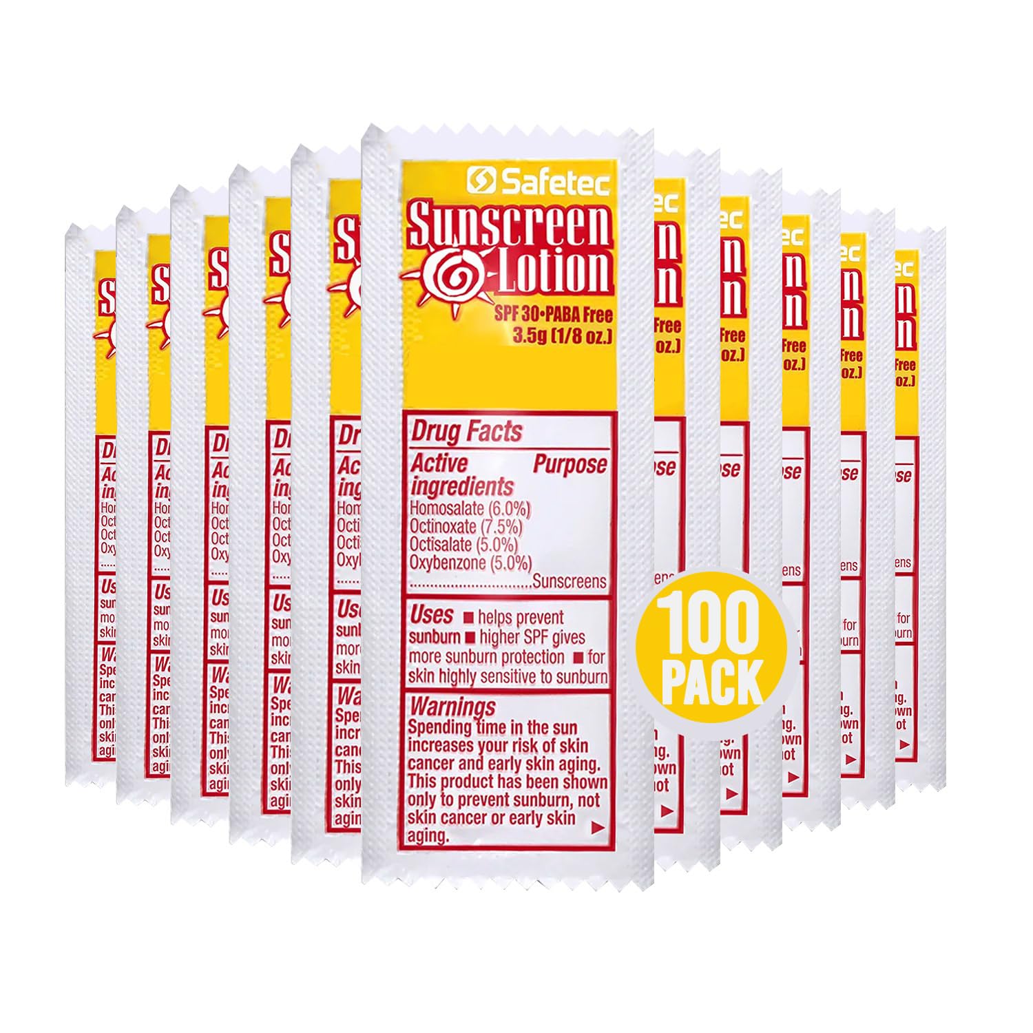 HOMESPHERE front view of 100 sunscreen packets showing value and convenience