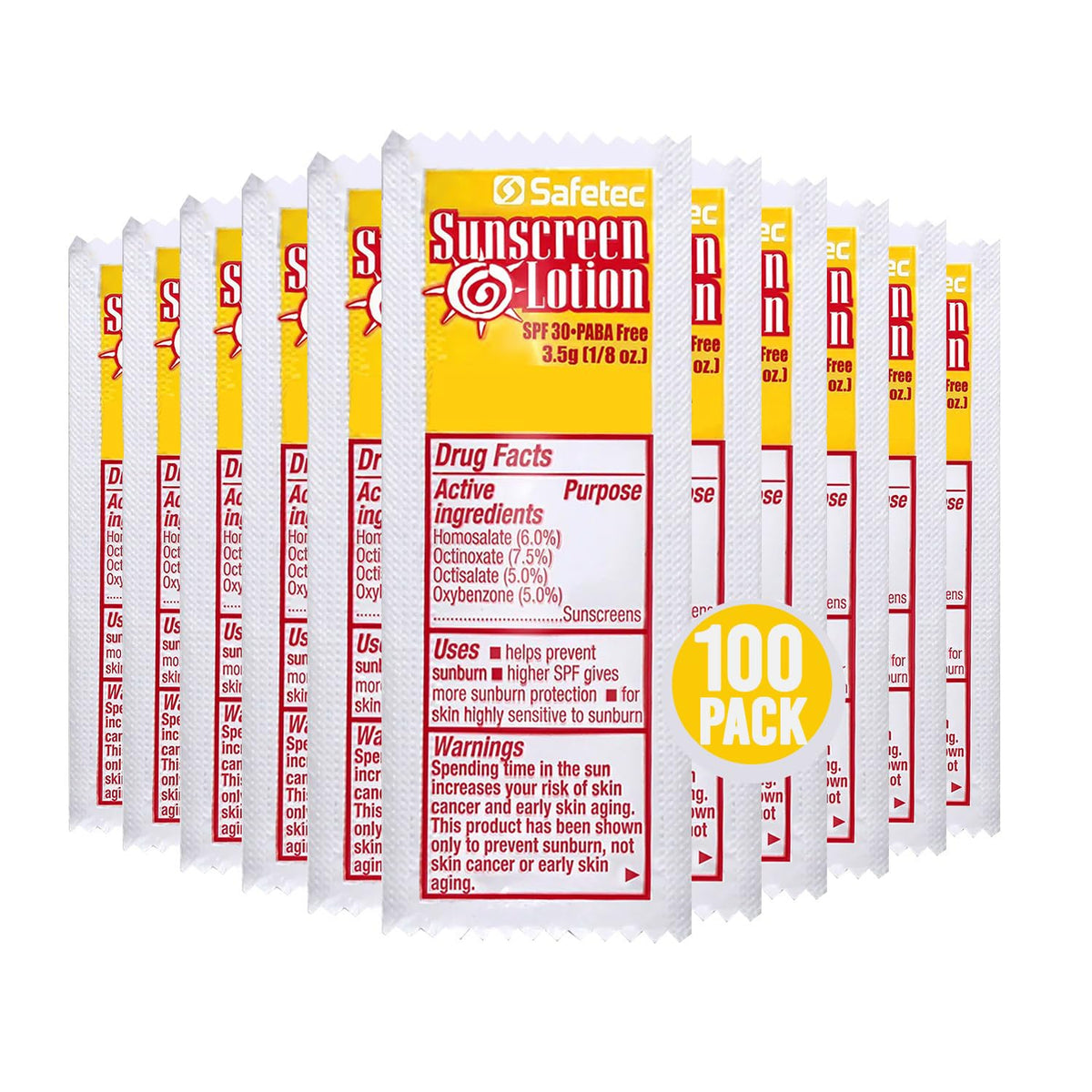 HOMESPHERE front view of 100 sunscreen packets showing value and convenience