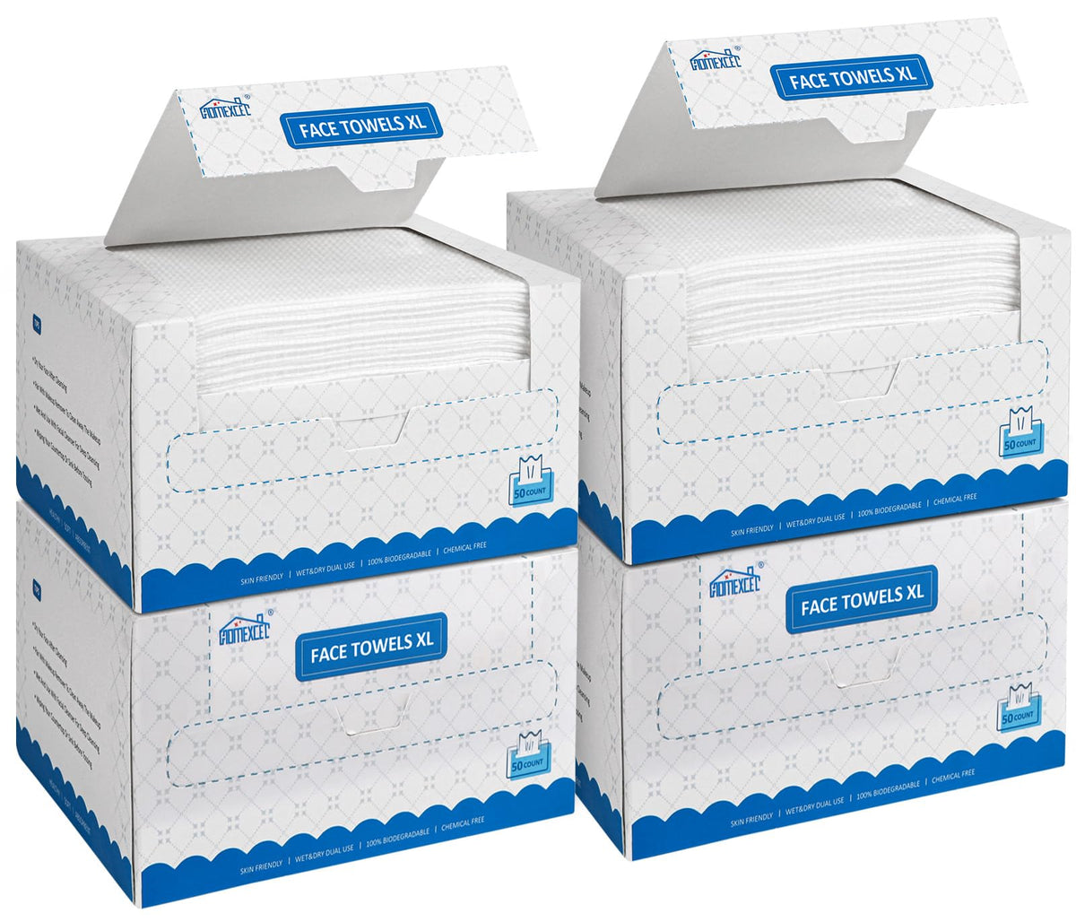 HOMEXCEL front packaging box of 200 disposable face towels for easy storage