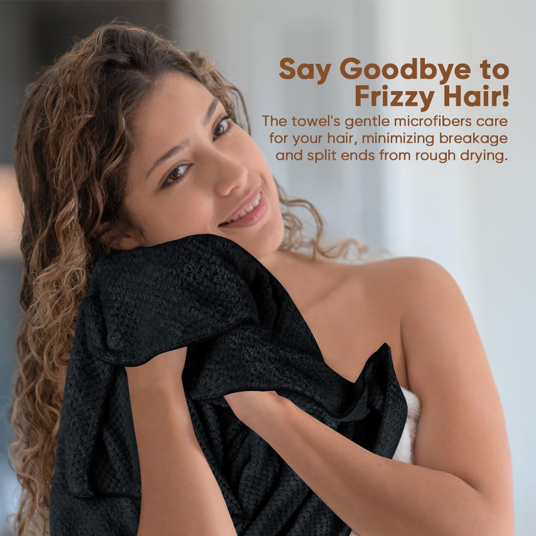 HOMEXCEL towel wrapped on long hair demonstrating secure drying