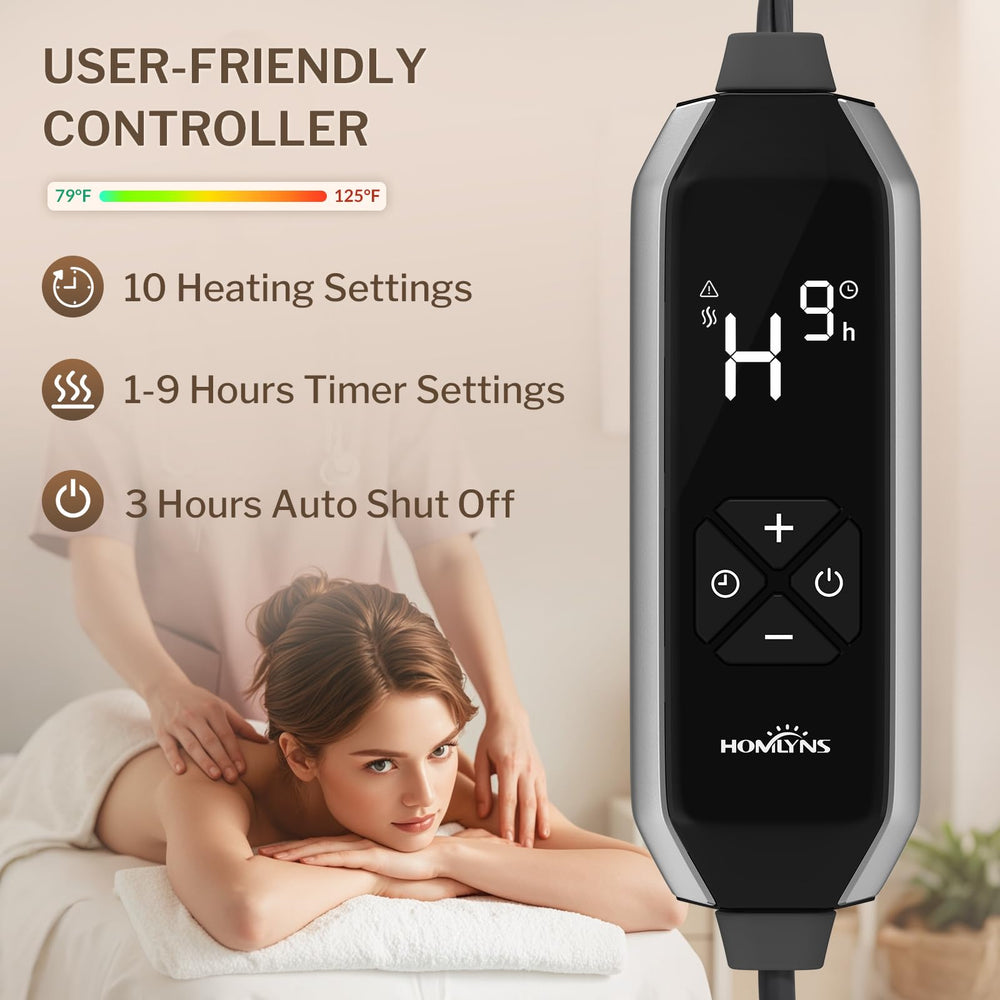 HOMLYNS controller and long cord detail showing easy heat adjustments for therapists