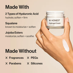 Honest Beauty cream on hand demonstrating lightweight spreadability and quick absorption