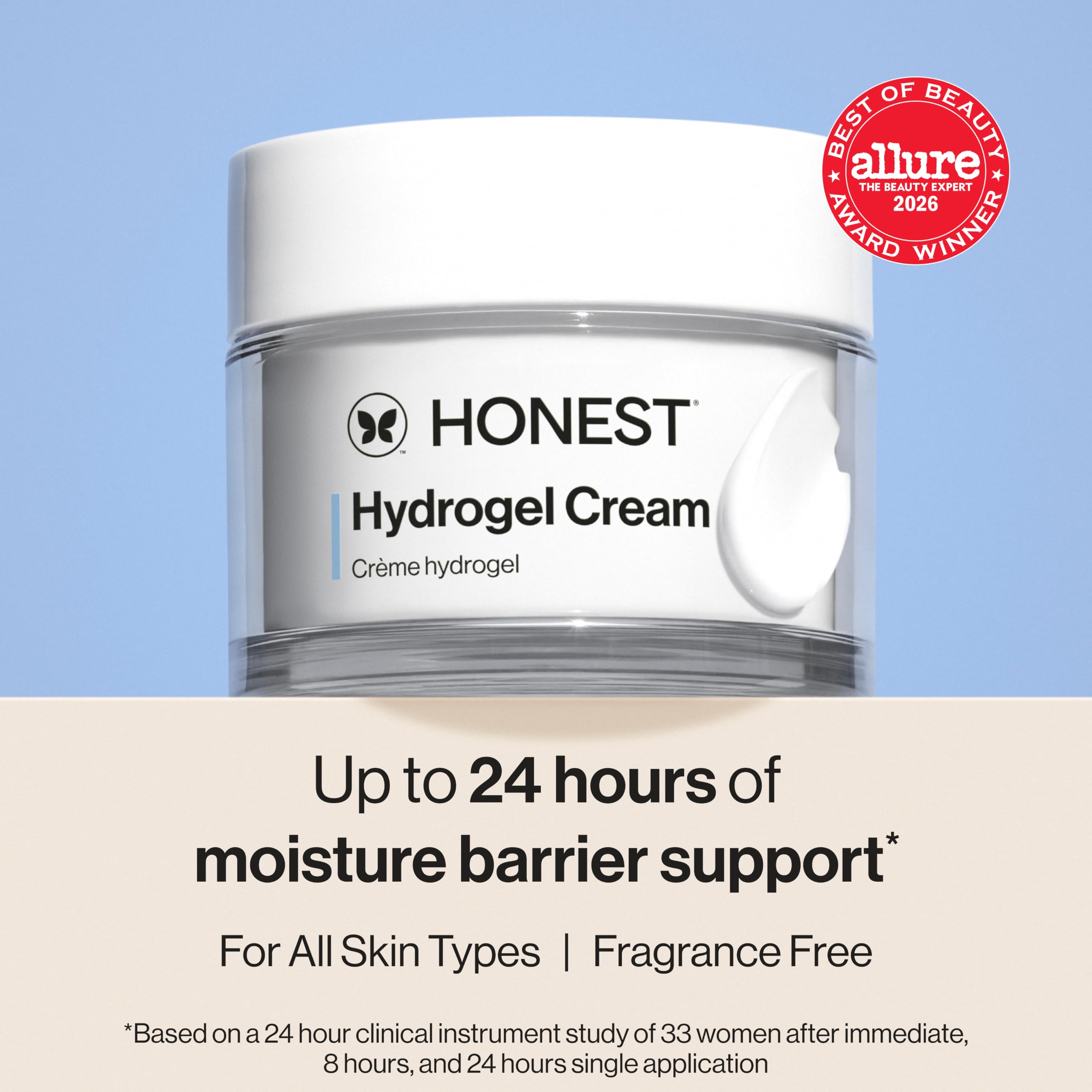 Honest Beauty open jar close-up of hydrogel texture, cooling hydration benefit