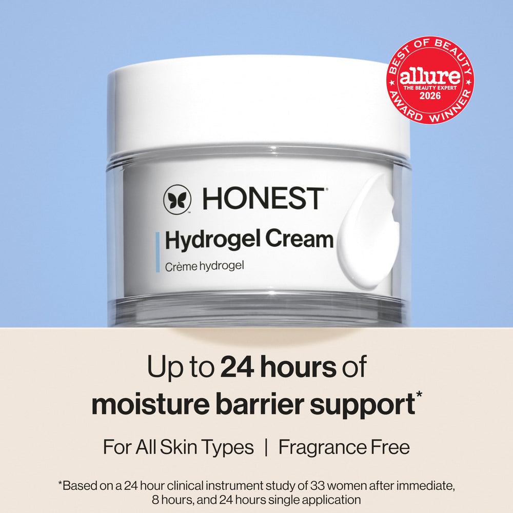 Honest Beauty open jar close-up of hydrogel texture, cooling hydration benefit