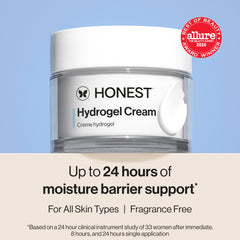 Honest Beauty open jar close-up of hydrogel texture, cooling hydration benefit