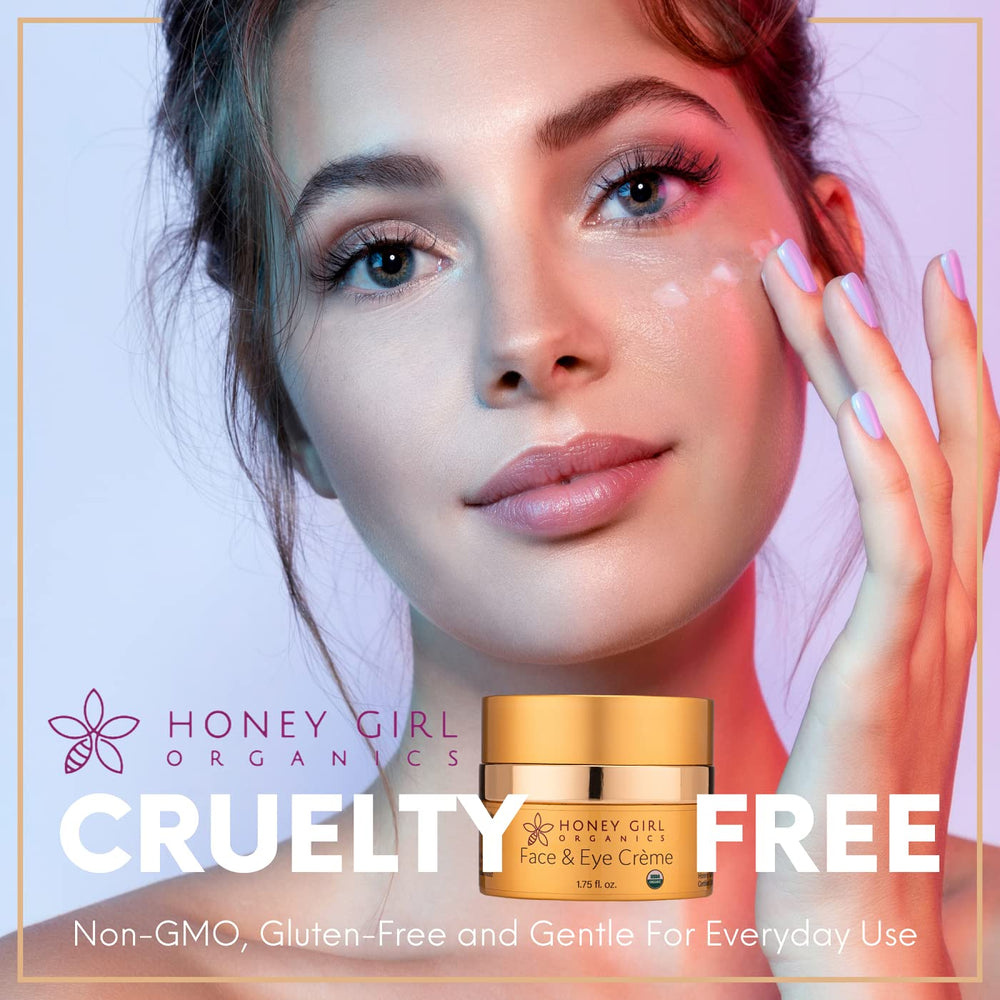 Honey Girl Organics applying small dab under eye for reduced dryness benefit