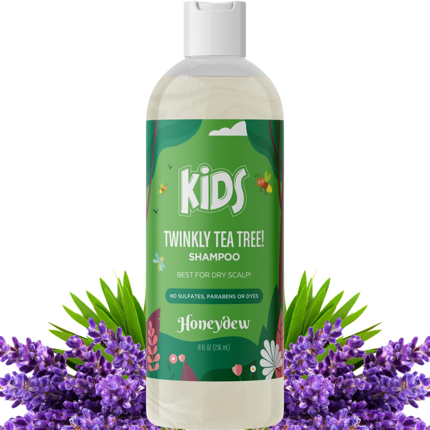 HONEYDEW front bottle of cleansing kids shampoo showing label and benefits