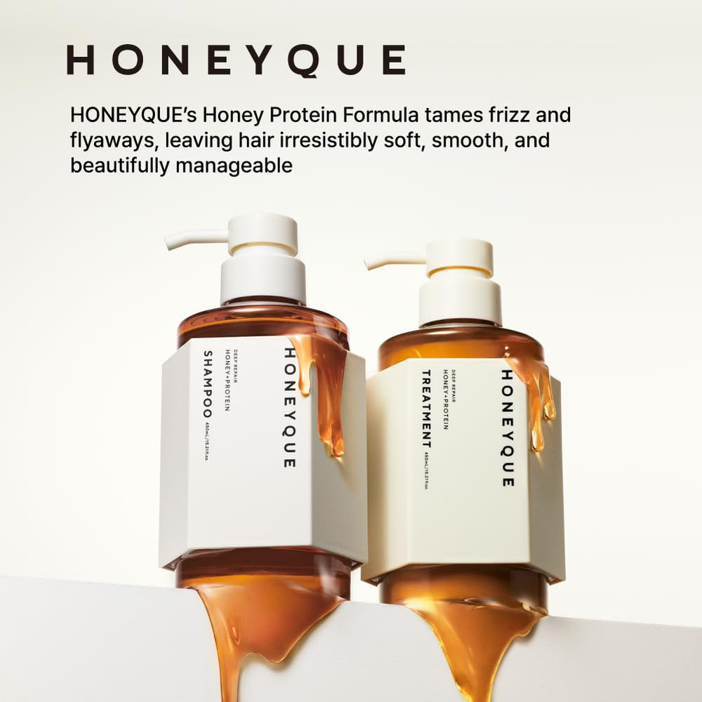 HONEYQUE shampoo applied on wet hair showing cuticle-smoothing action benefit