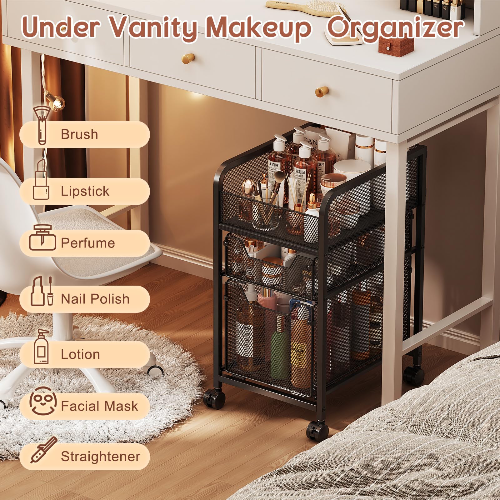 hongtamoya cart beside vanity in room showing organized beauty routine