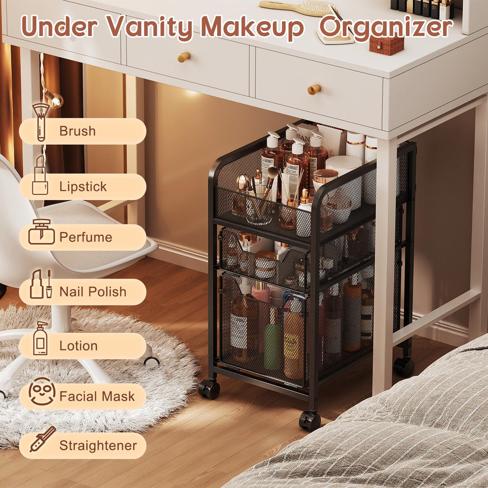 hongtamoya cart beside vanity in room showing organized beauty routine