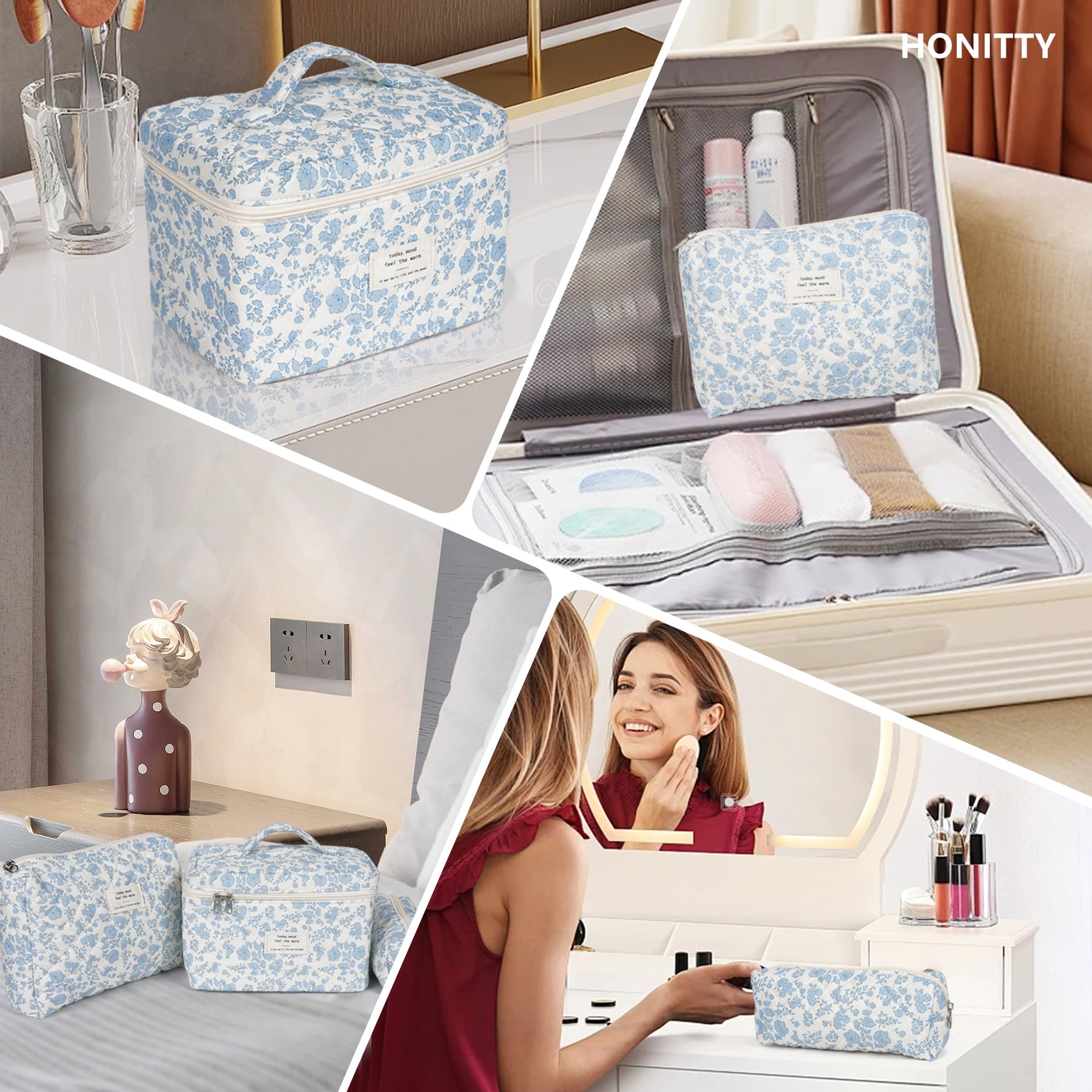 honitty bags arranged on vanity showing stylish organization and everyday use