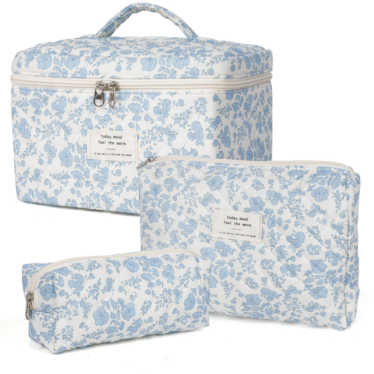 honitty quilted makeup bag front view showing floral design and secure zipper