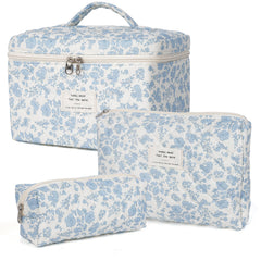 honitty quilted makeup bag front view showing floral design and secure zipper