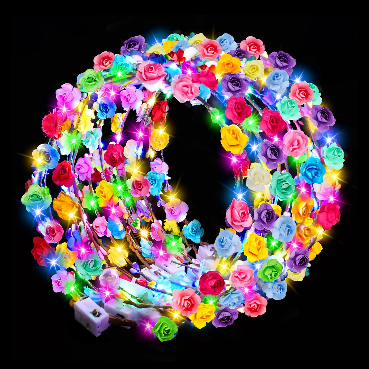 HONLYNE front view of full 24-piece flower crown pack, bright party-ready accessory