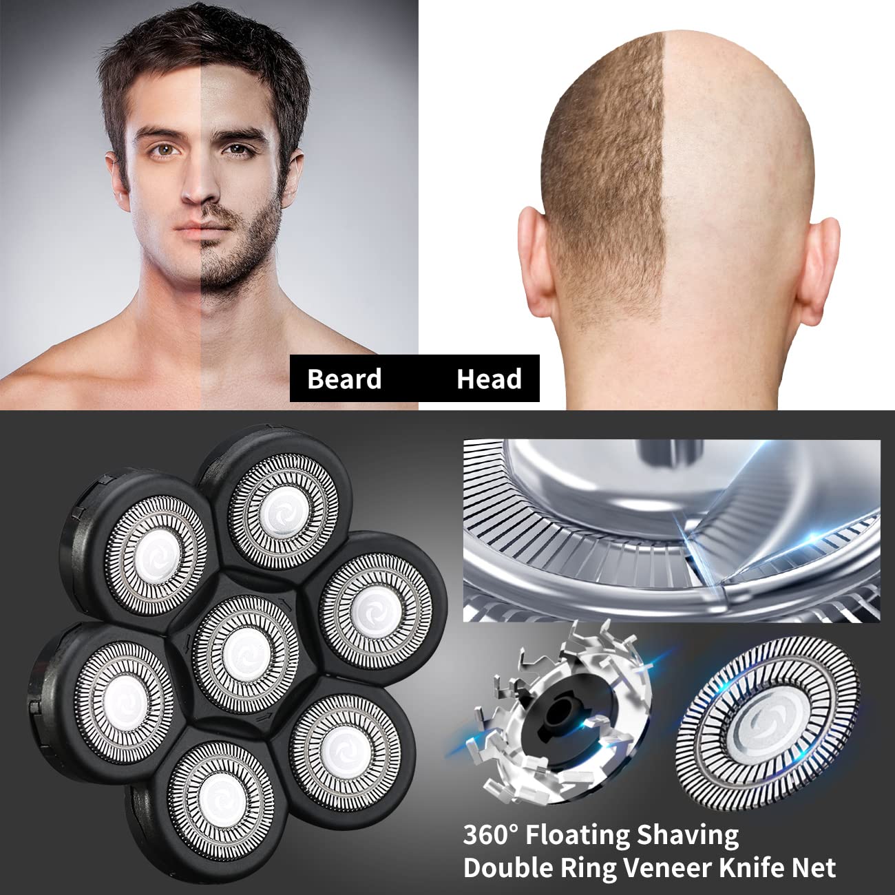 HONTEC 7D black side profile highlighting floating head action for closer shaves