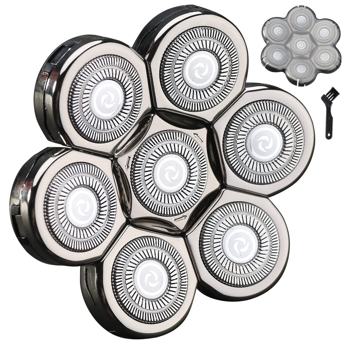 HONTEC front packaging showing seven silvery replacement heads and benefit of refreshed shave