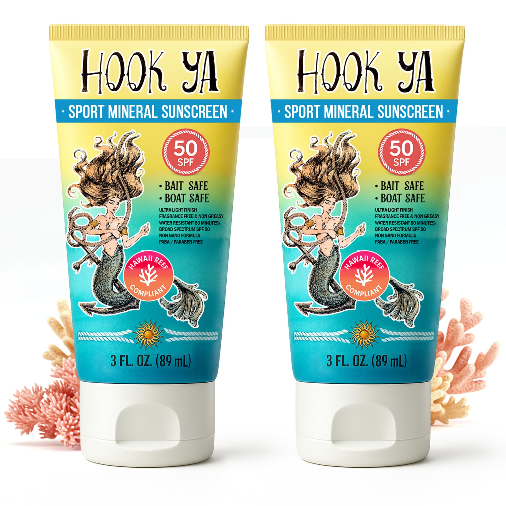 Hook'Ya front packaging 3oz tube showing SPF 50 and reef-compliant benefit