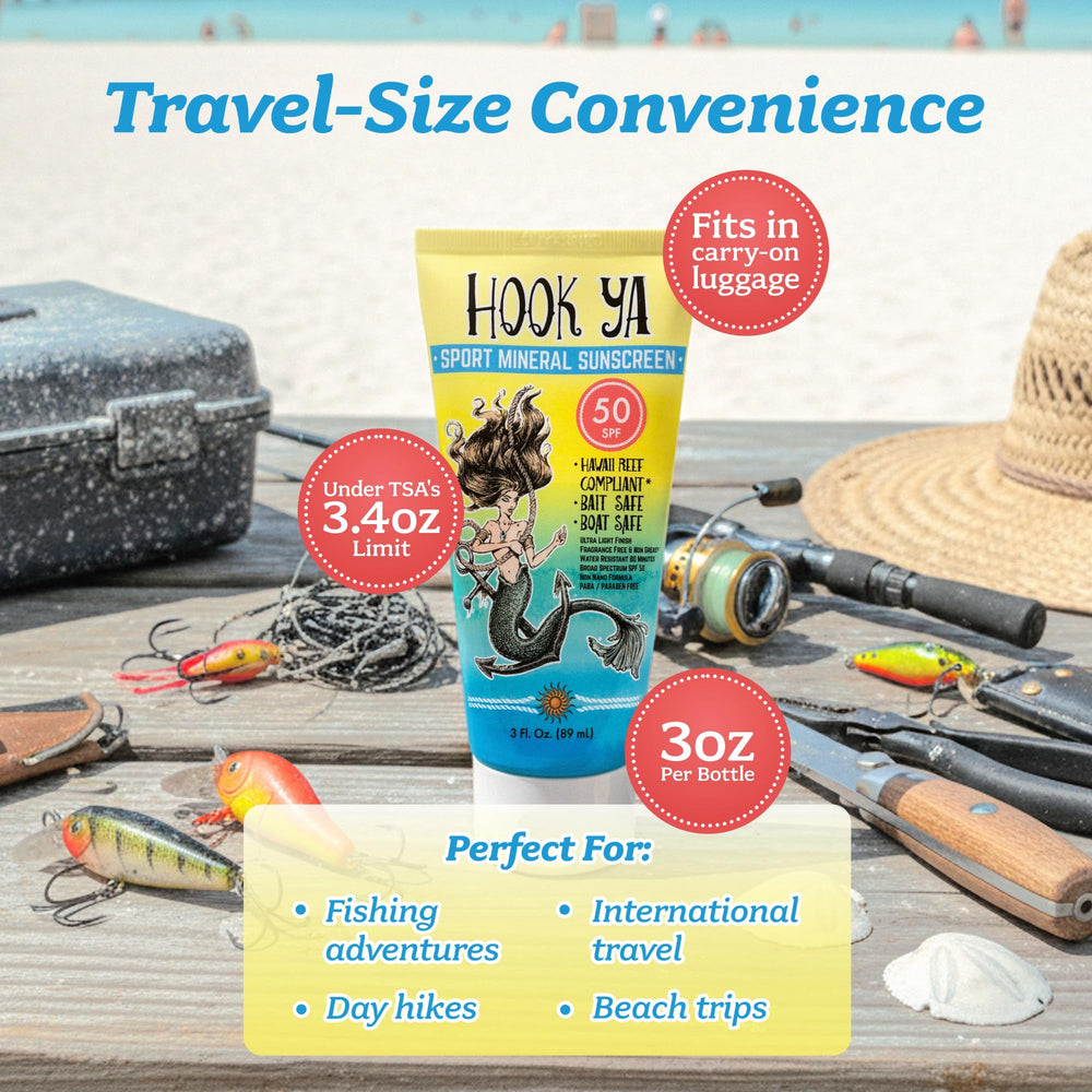 Hook'Ya travel size tubes held in hand illustrating carry-on convenience