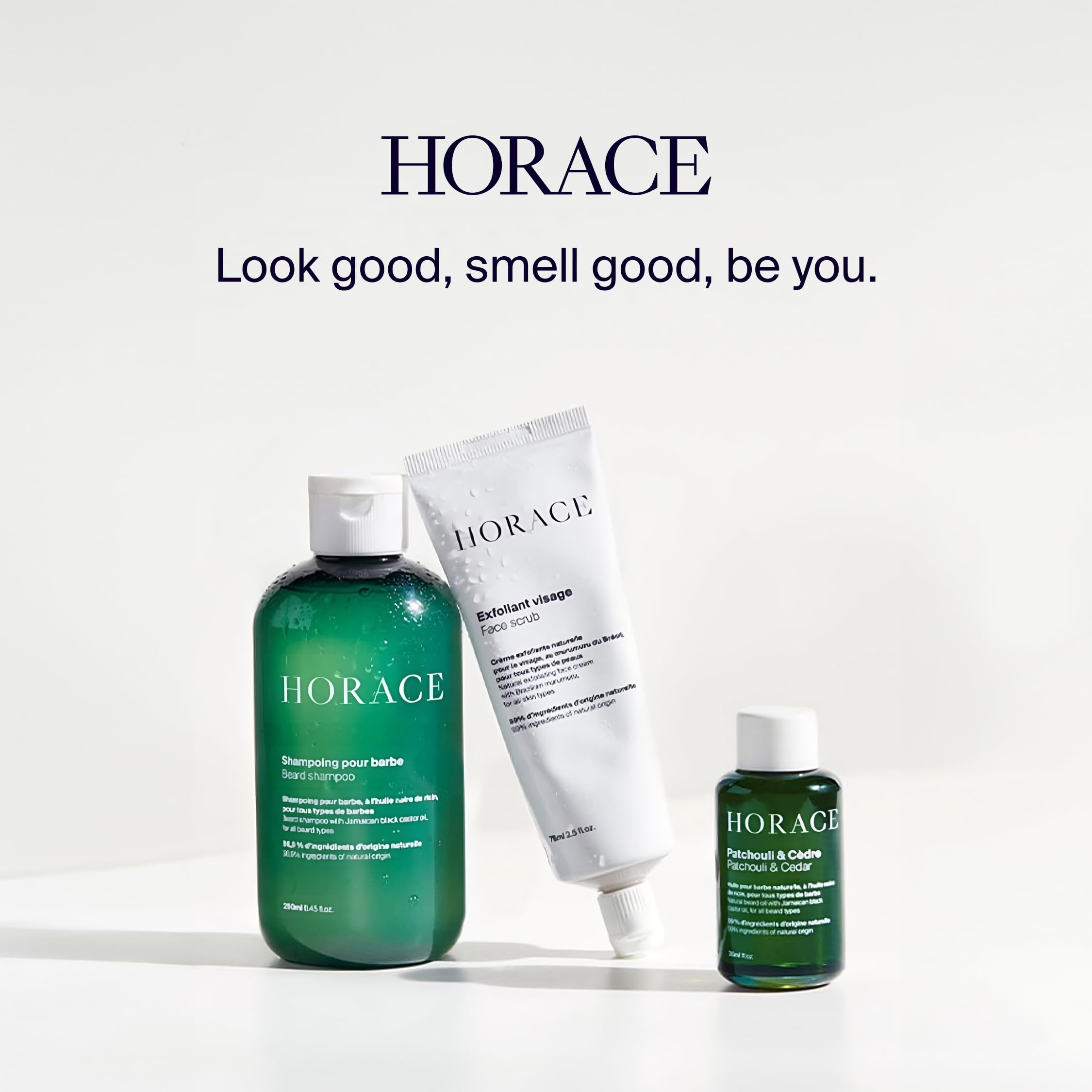 HORACE wash applied to beard demonstrating cleansing and softening effect
