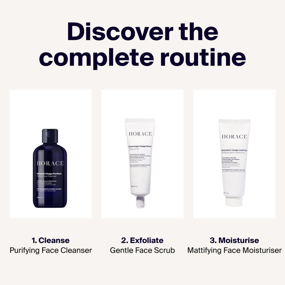 HORACE on bathroom shelf in morning routine illustrating easy layering and grooming benefit