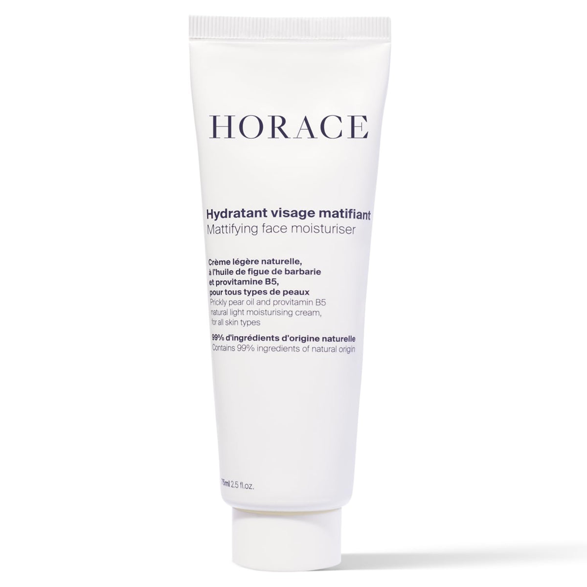 HORACE front packaging showing mattifying moisturizer and clear label benefit