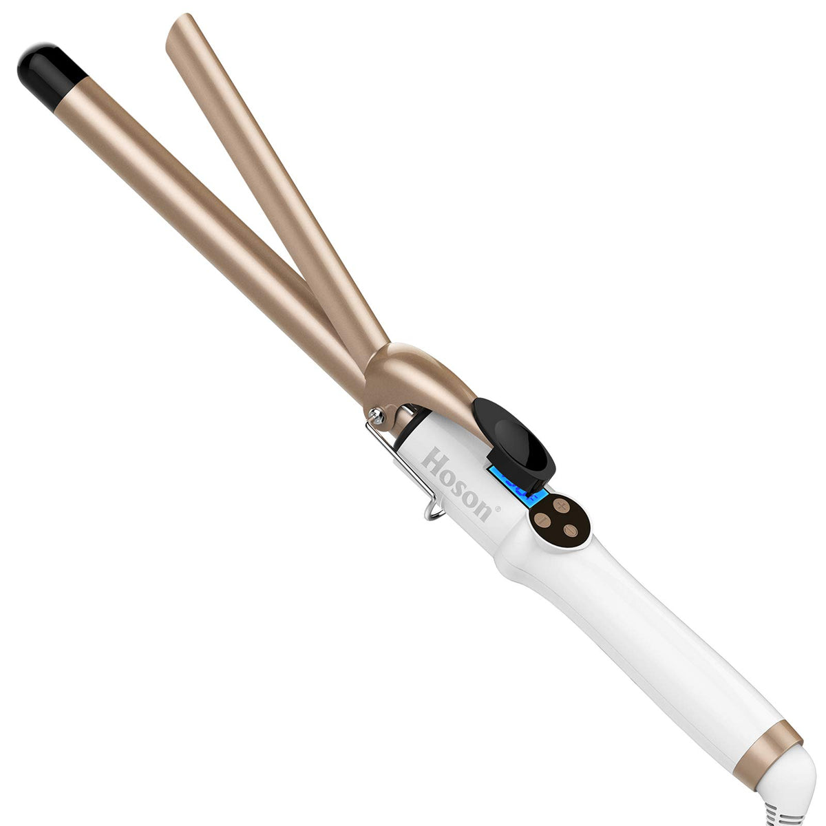 HOSON front view of curling iron showing full wand and clip, easy handling benefit