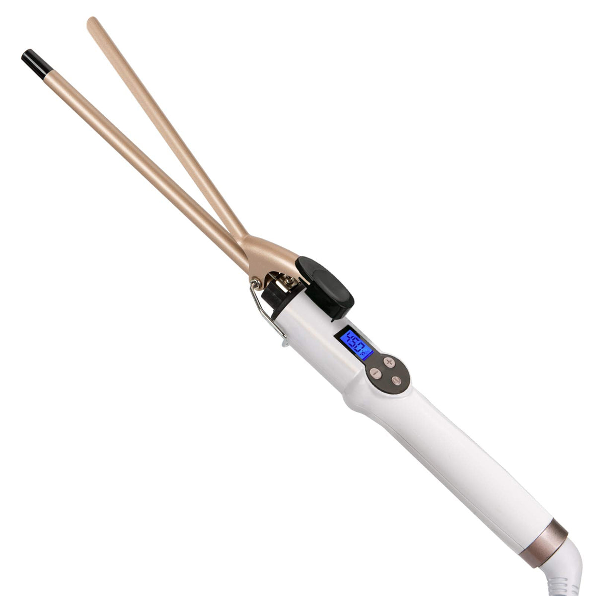 Hoson compact curling iron front view showing slim barrel and ergonomic handle for easy styling