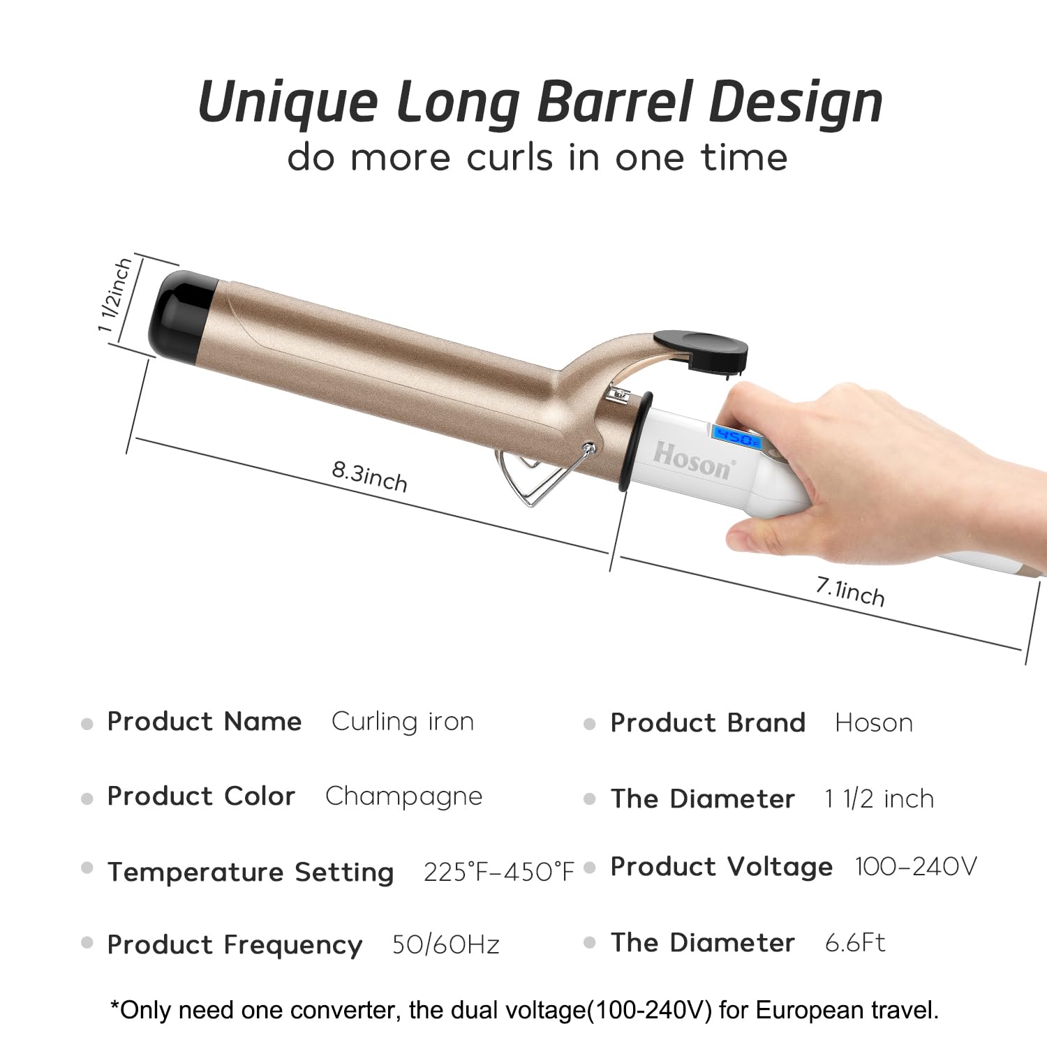 Hoson iron in use on long hair creating loose waves with less frizz