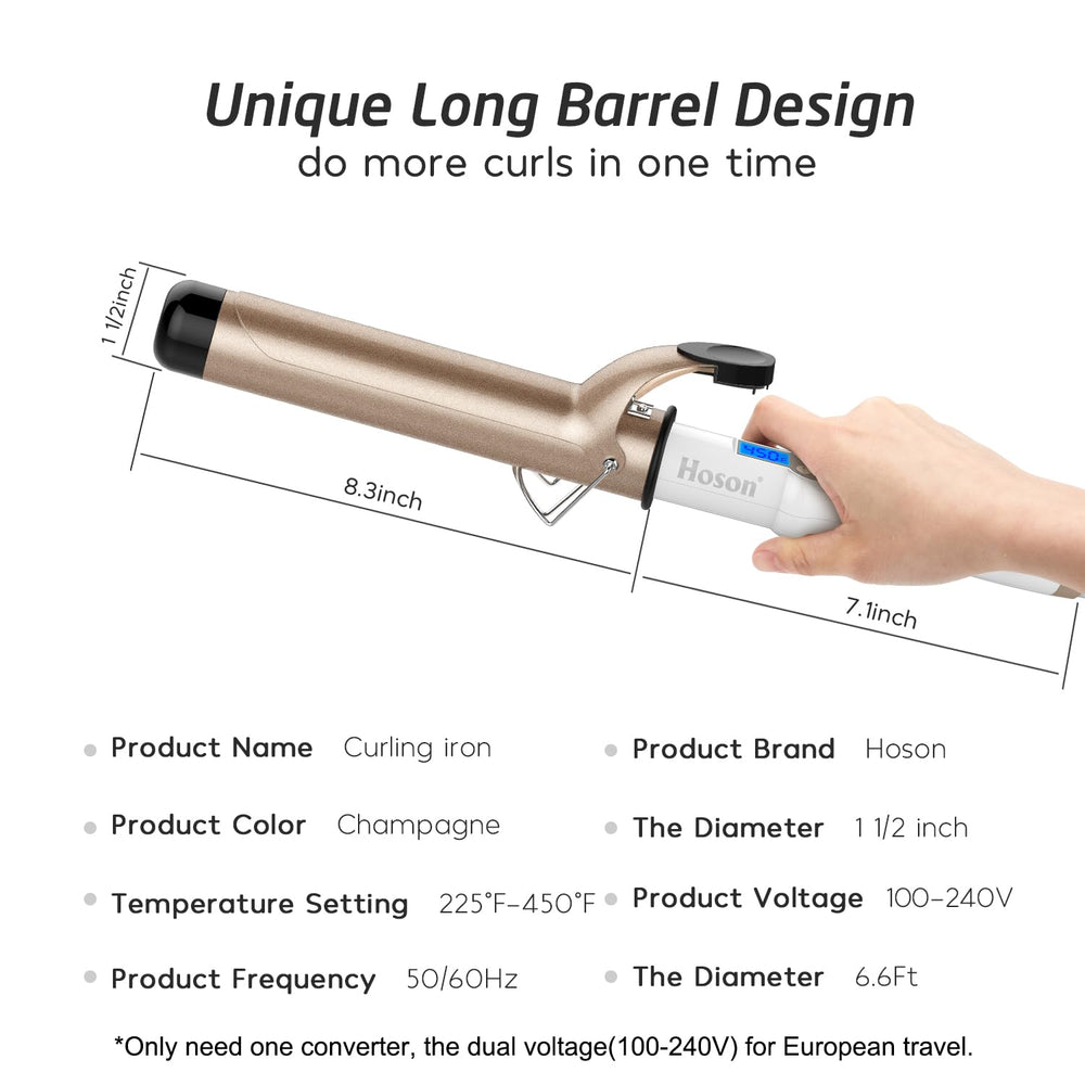 Hoson iron in use on long hair creating loose waves with less frizz
