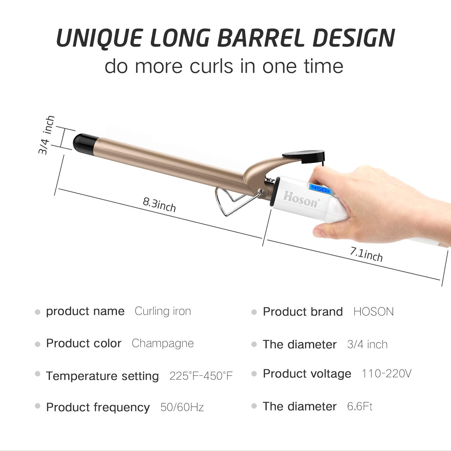 HOSON curling iron next to hand to show scale, travel-friendly size benefit