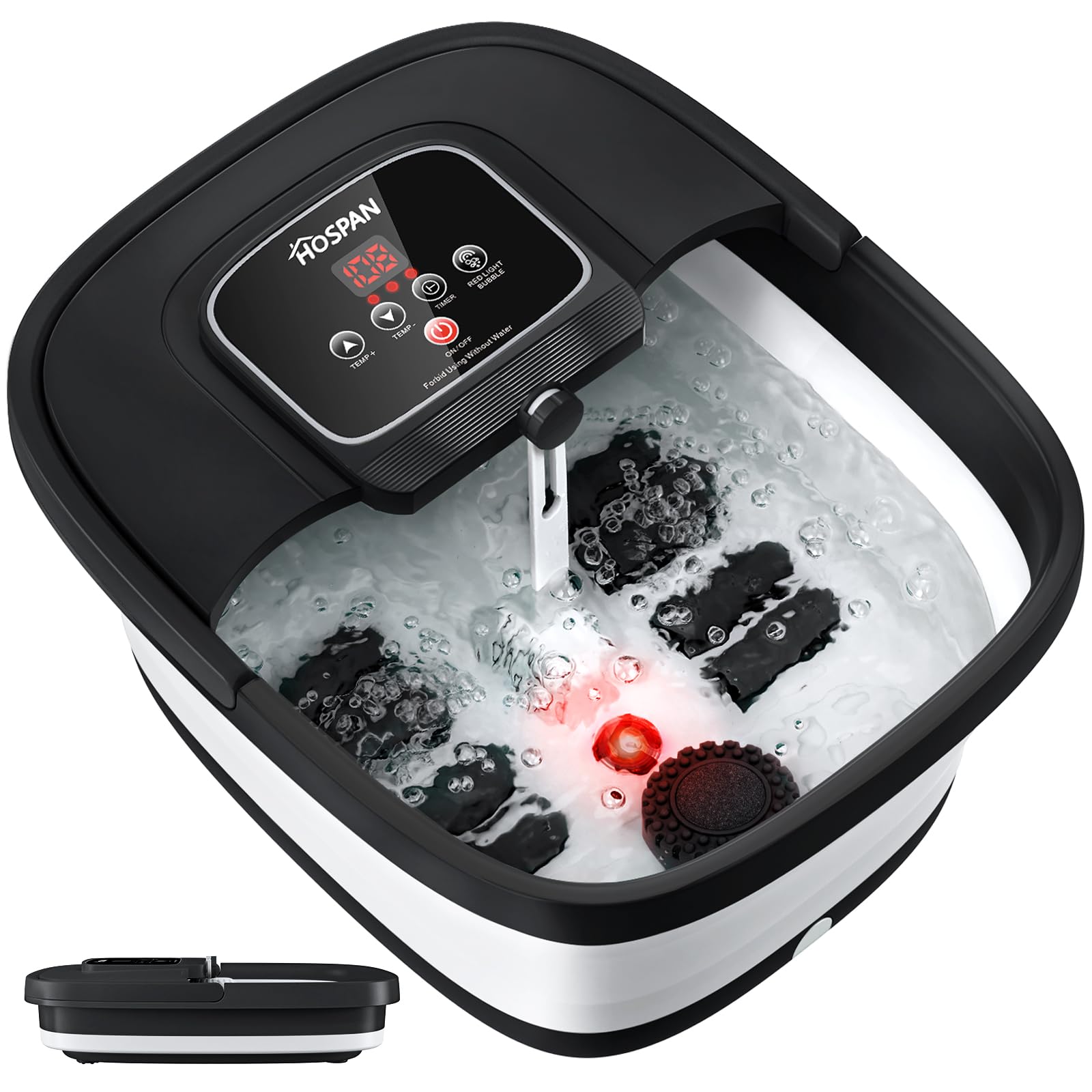 HOSPAN foot spa front view showing controls and benefits of easy operation