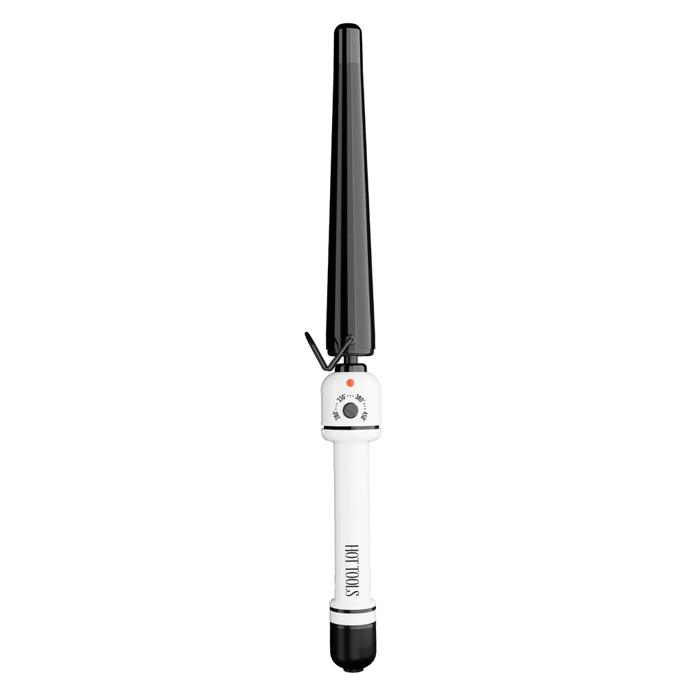 HOT TOOLS front view of extra long tapered curling iron showing controls and cord, clear benefit