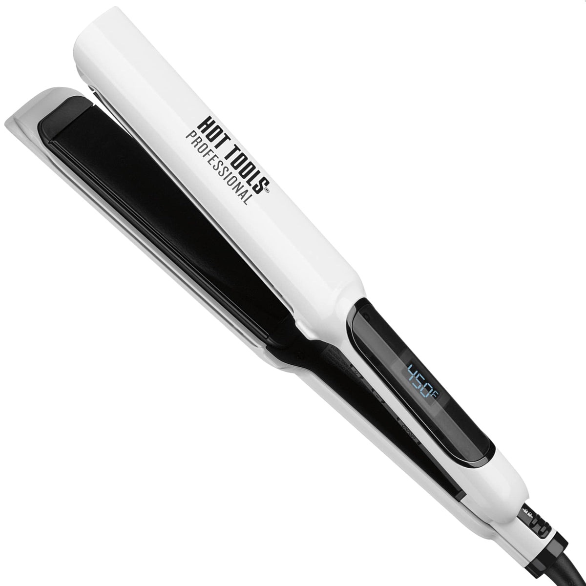 Hot Tools front view of 1.5-inch flat iron showing sleek design and length benefit