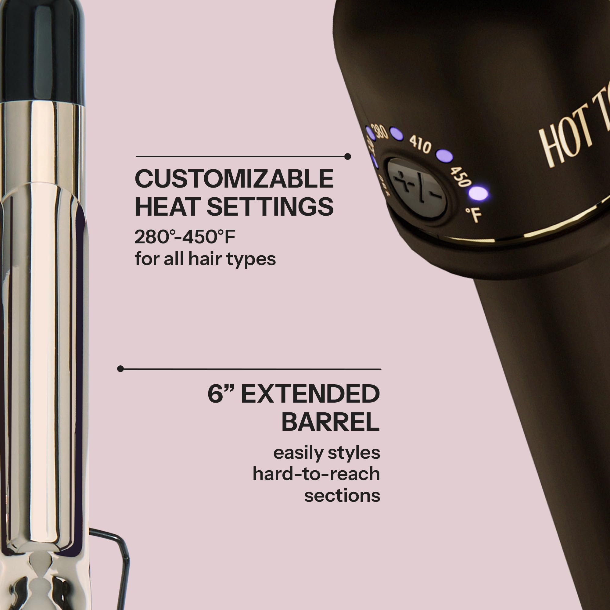 Hot Tools iron in use on long hair demonstrating faster styling and reach
