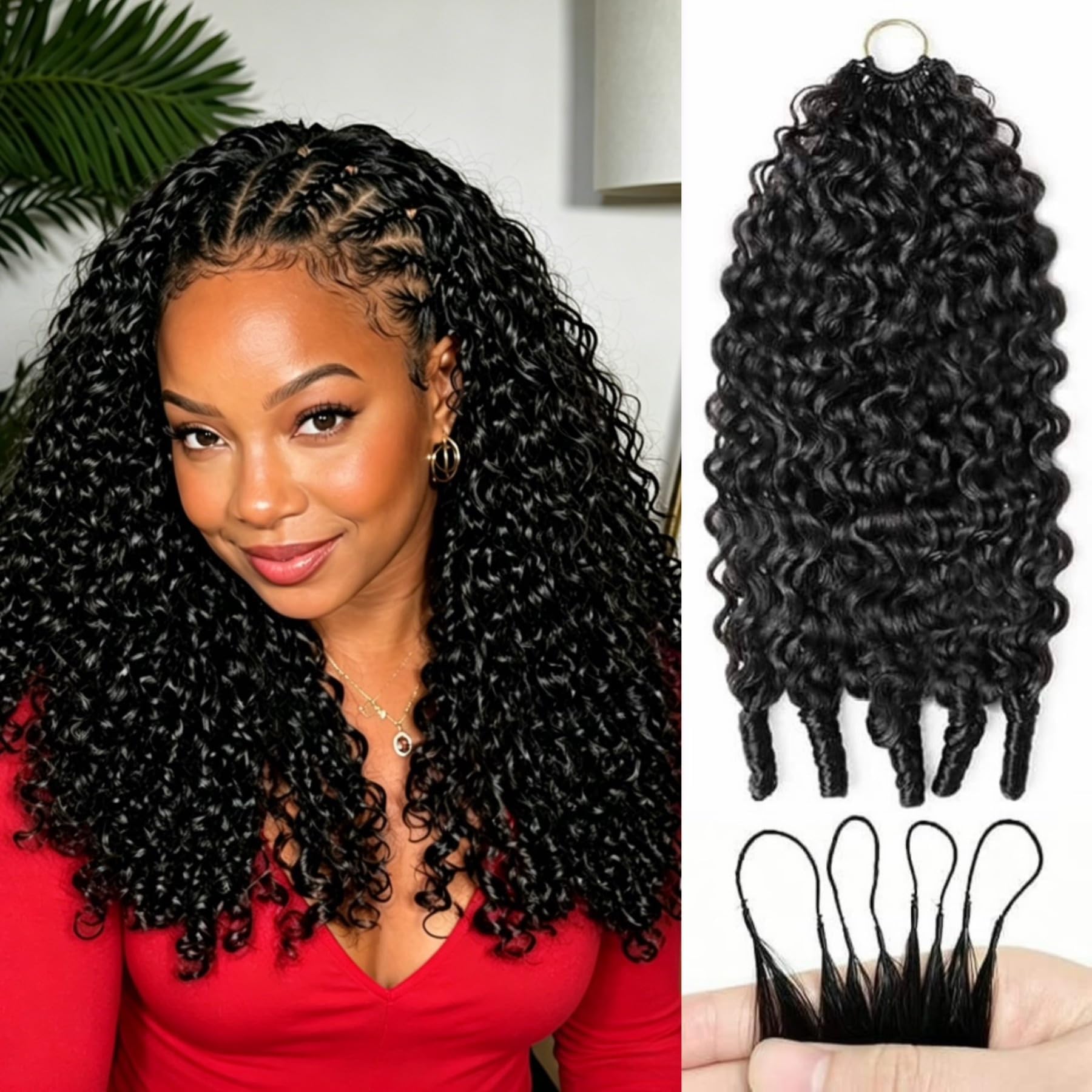 Hotnessia front packaging showing 18-inch curly bundles and easy install benefit